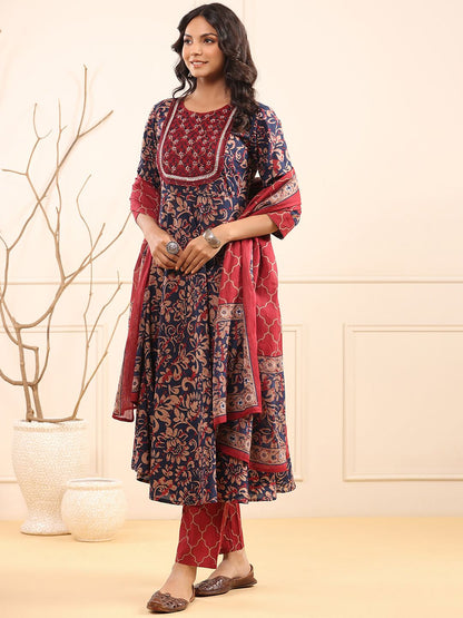 Dhiyona RR Women's Floral Embroidered Pure Cotton Kurta with Trousers & Dupatta