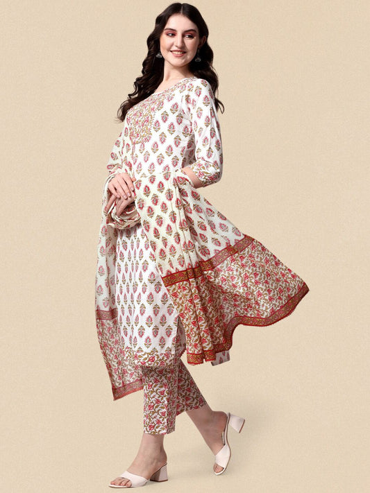 Dhiyona KL Ethnic Motifs Printed Gotta Patti Cotton Straight Kurta & Trousers With Dupatta