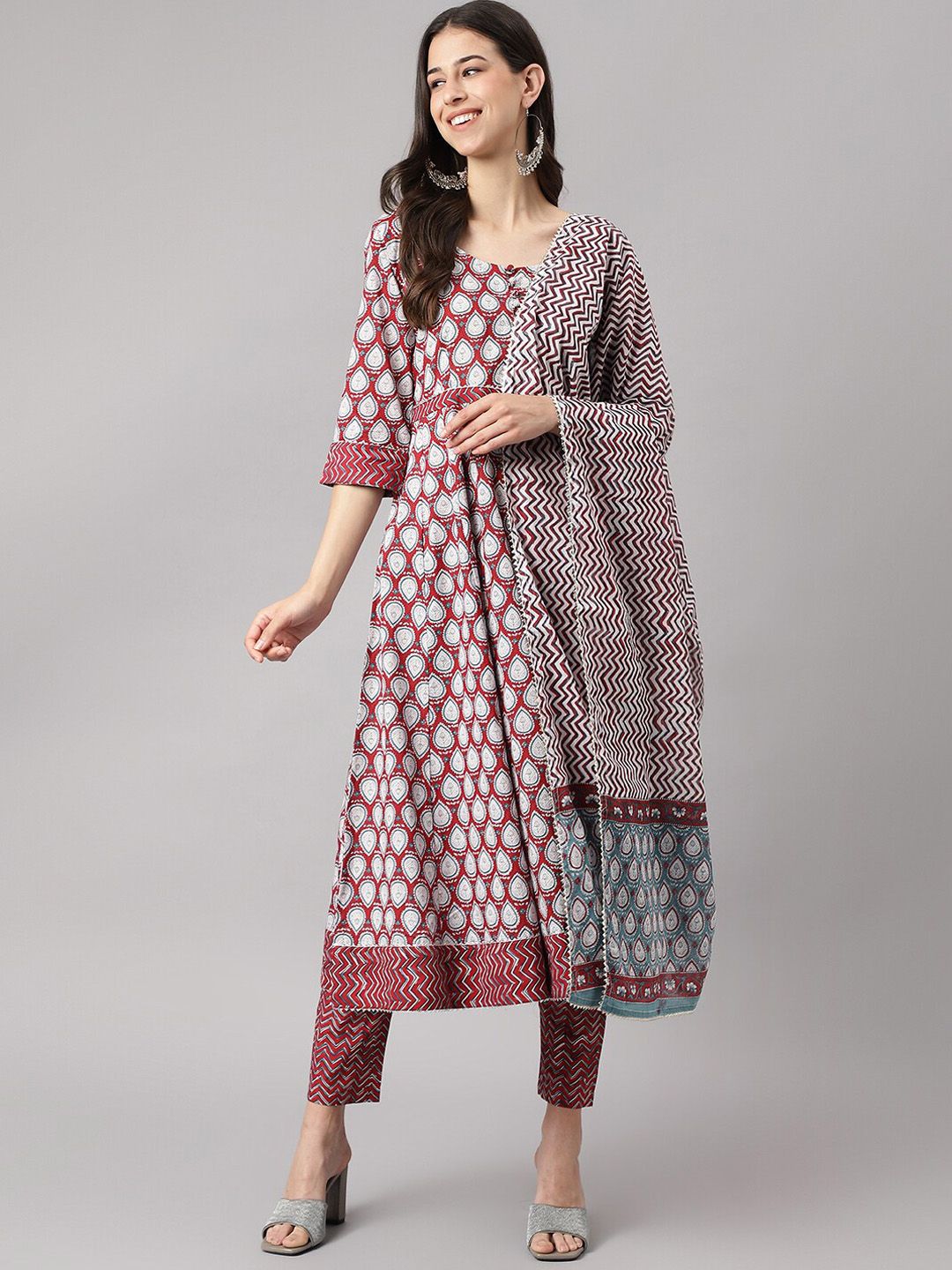 Dhiyona KL Ethnic Motifs Printed Pure Cotton Anarkali Kurta & Trousers With Dupatta