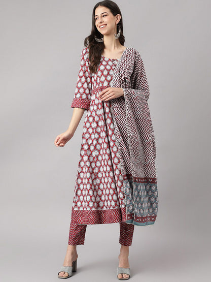 Dhiyona KL Ethnic Motifs Printed Pure Cotton Anarkali Kurta & Trousers With Dupatta