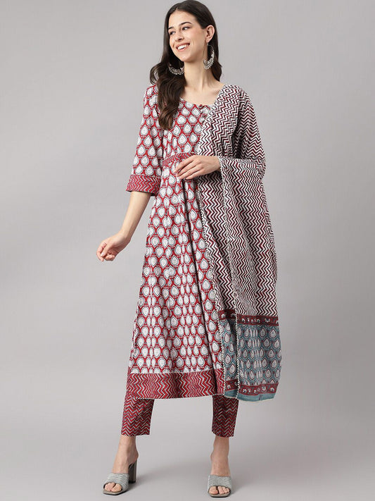 Dhiyona KL Ethnic Motifs Printed Pure Cotton Anarkali Kurta & Trousers With Dupatta