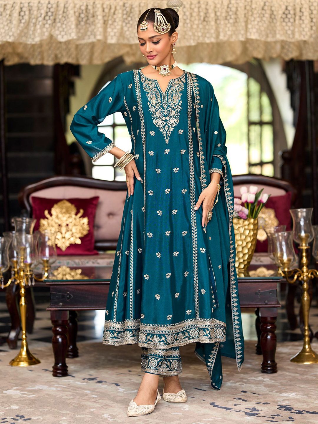 Dhiyona IE Women Ethnic Motifs Embroidered Regular Sequinned Kurta with Trousers & With Dupatta