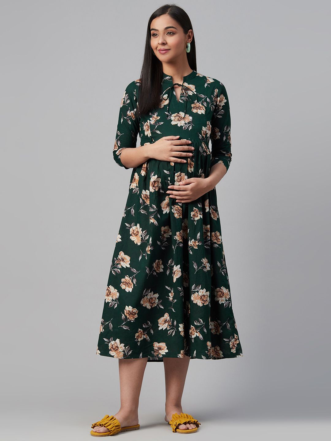 Dhiyona AY Women's Green & Beige Floral Print Cotton Maternity A-Line Dress