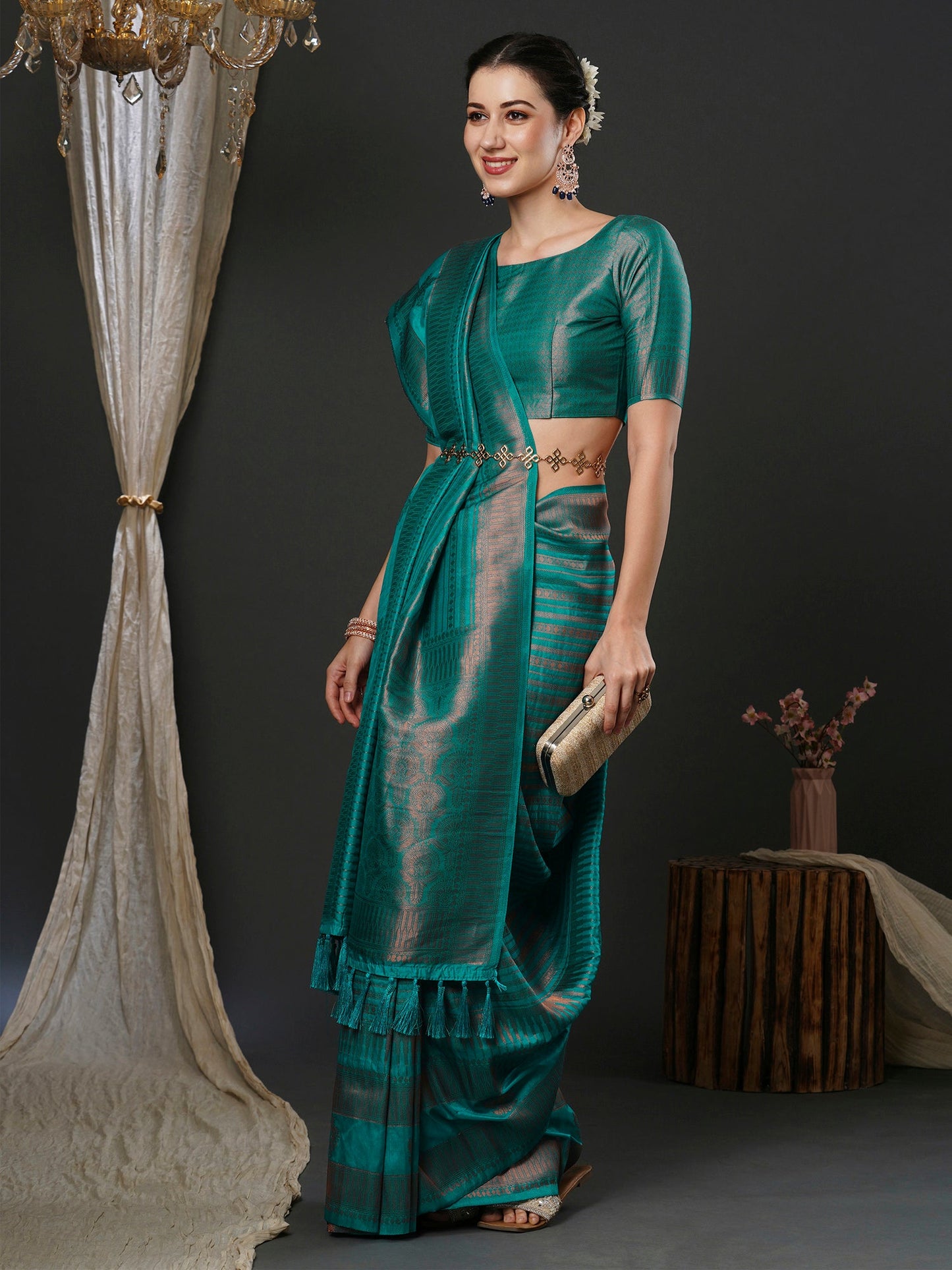 Women's Silk Blend Teal blue Woven Design Designer Saree With Blouse Piece