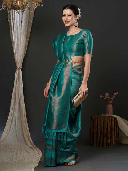 Women's Silk Blend Teal blue Woven Design Designer Saree With Blouse Piece