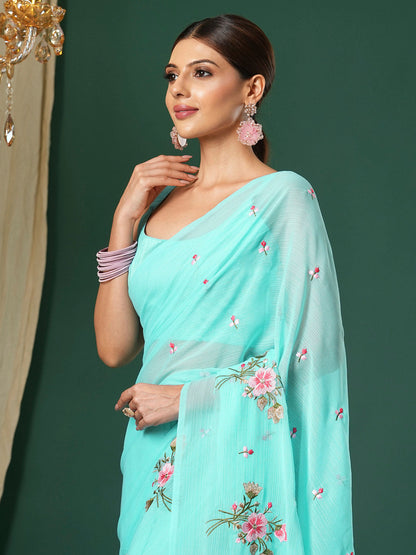 Women's Chiffon Light Blue Embroidered Designer Saree With Blouse Piece