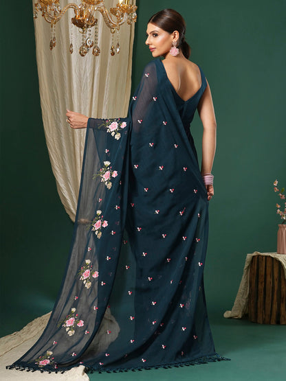 Women's Chiffon Teal blue Embroidered Designer Saree With Blouse Piece