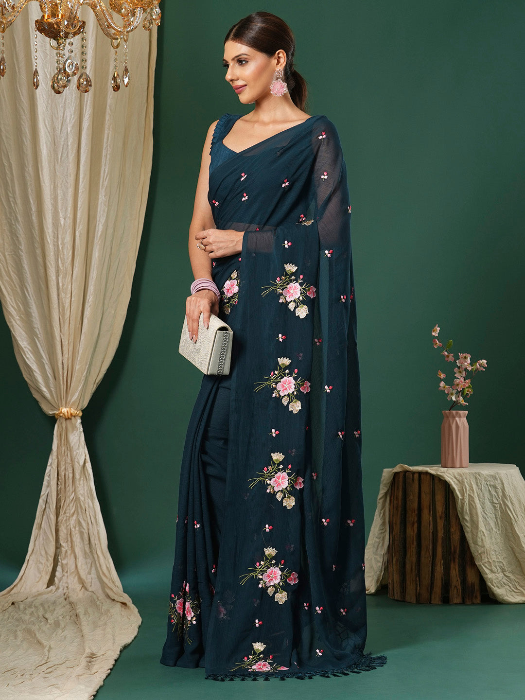 Women's Chiffon Teal blue Embroidered Designer Saree With Blouse Piece