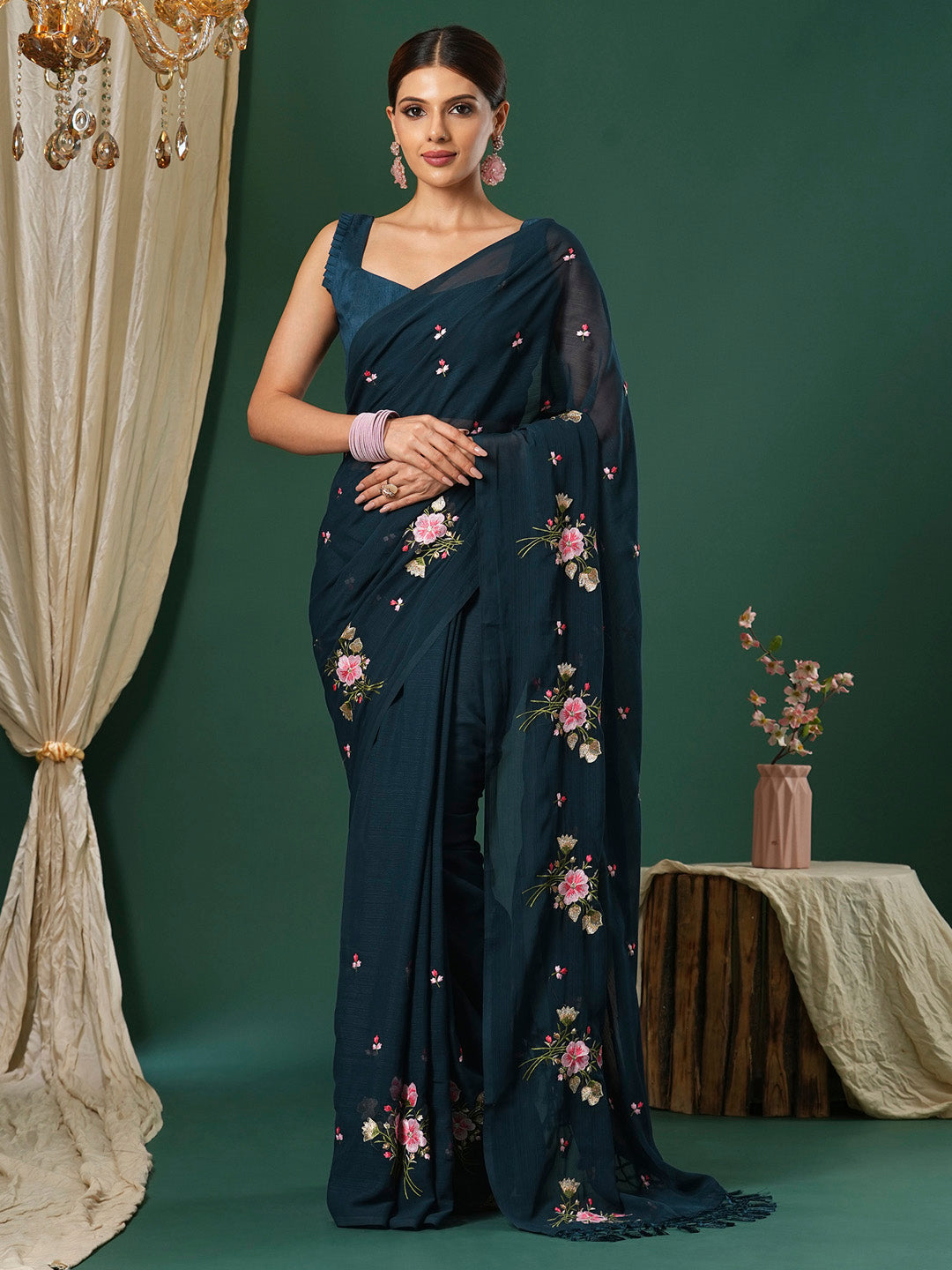 Women's Chiffon Teal blue Embroidered Designer Saree With Blouse Piece