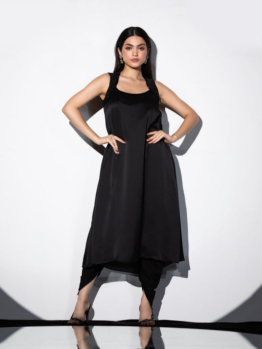 Dhiyona ST Women's Black Satin with Stretchable Top & Beads Set with Dhoti Pants, 2 Piece Set | Straight Fit, Round Neck, Sleeveless, Dhoti Pants, Partywear, (Satin)