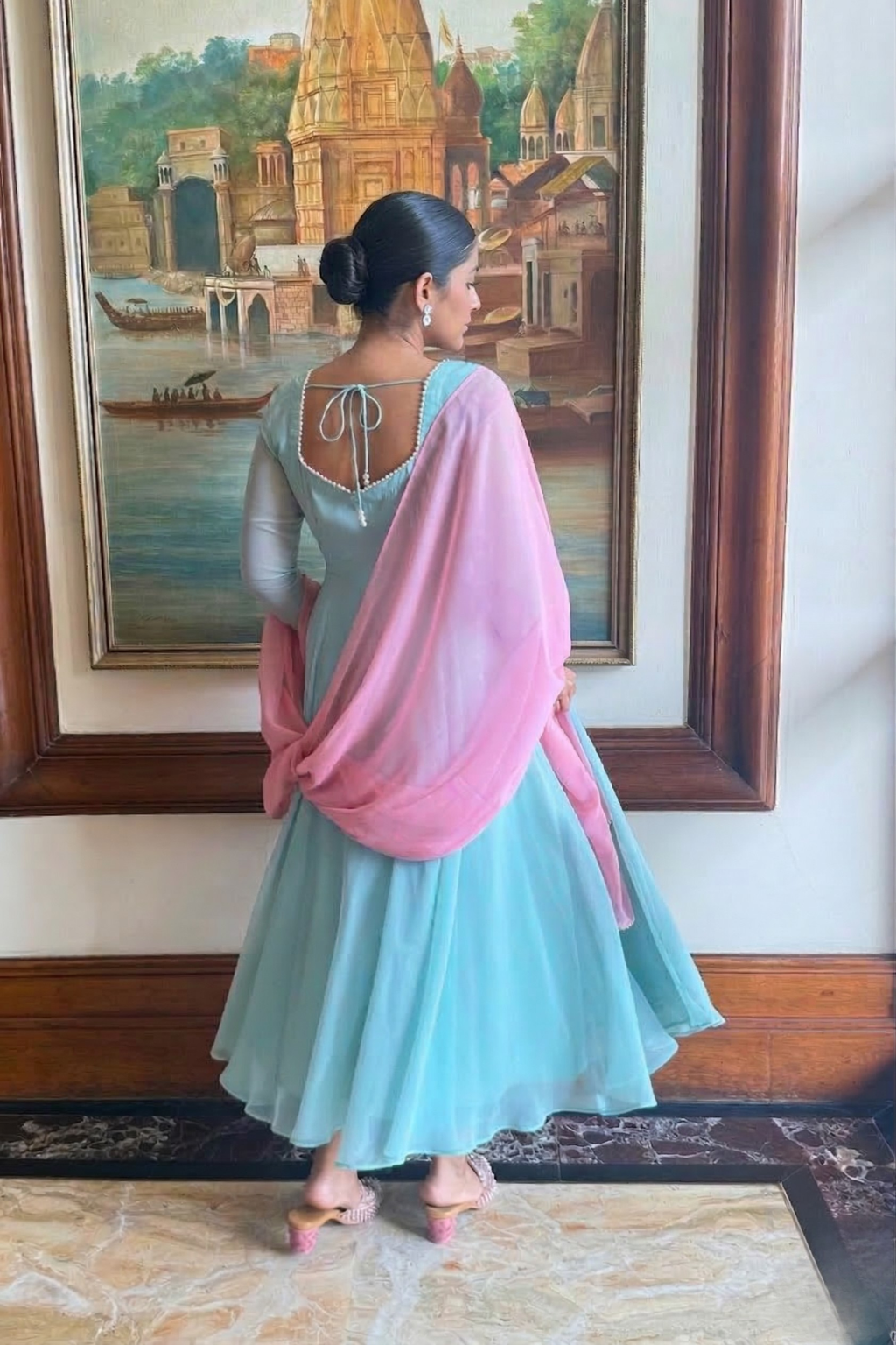 Dhiyona ST 3 pc Suit Set -Light Blue Pearl Edge Georgette 3/4th Sleeve Anarkali with Pink Dupatta and Pants
