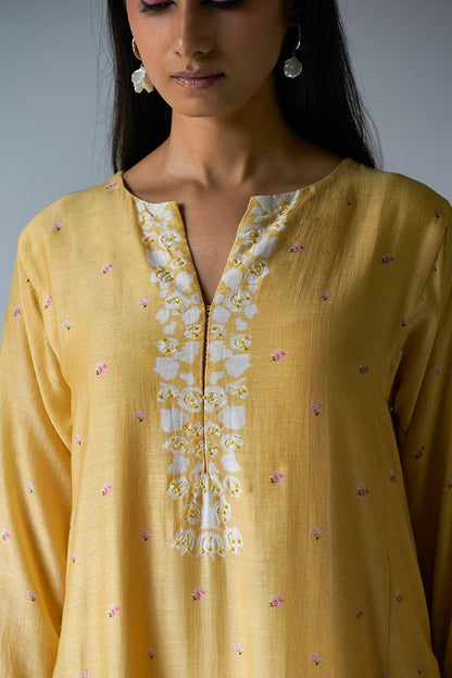 Women's Yellow Bemberg Silk Printed Salwar Suit With Delicate Hand Embroidery on Top and Bottom