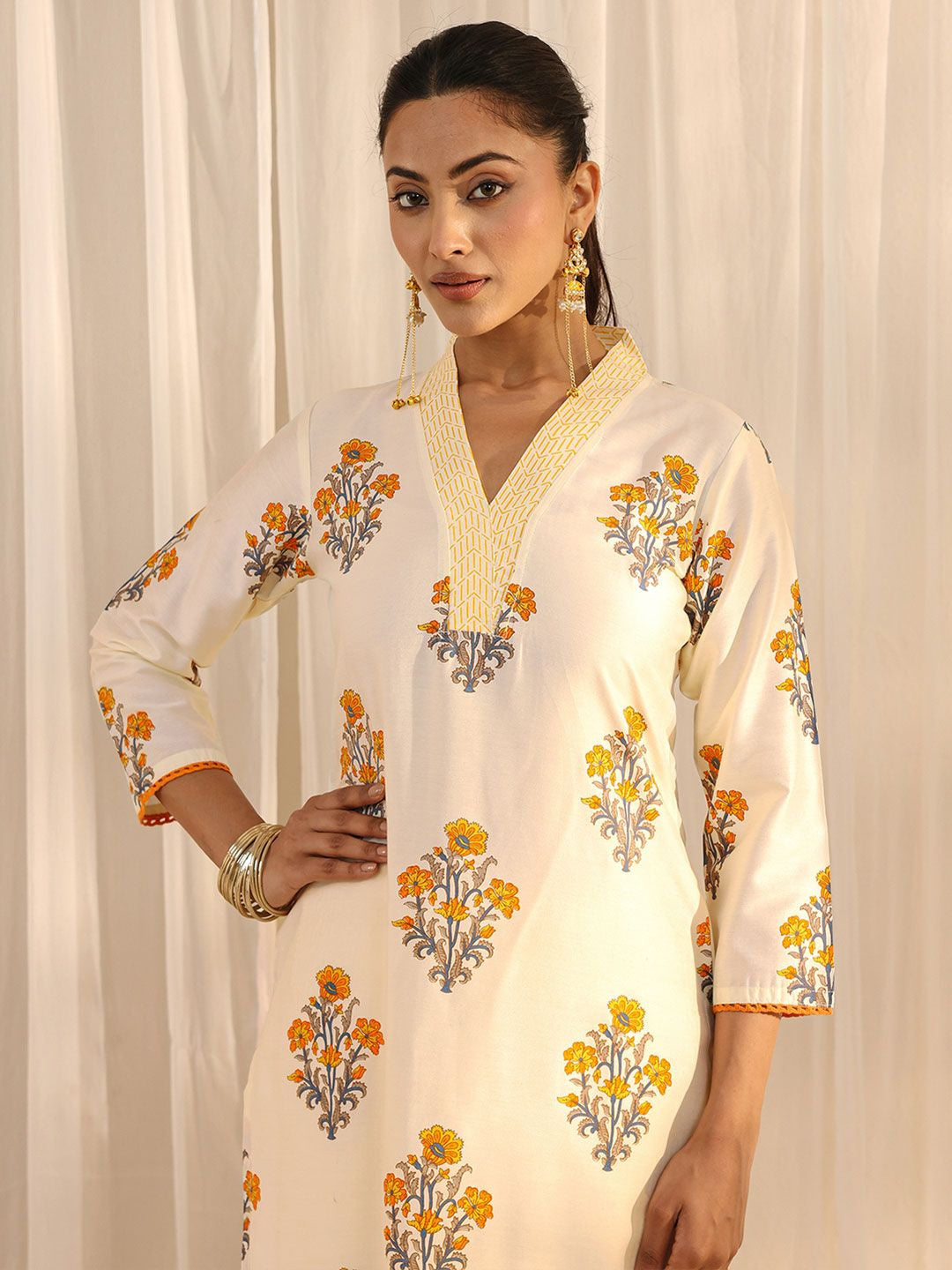Off White Floral Printed Chanderi Silk Straight Suit Set with Dupatta