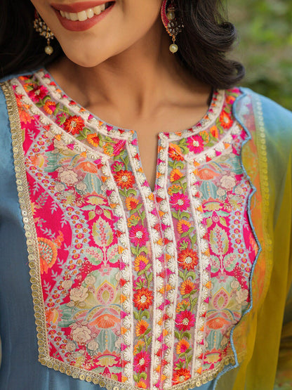 Dhiyona RR Women's Floral Embroidered Anarkali Kurta &Trousers With Dupatta