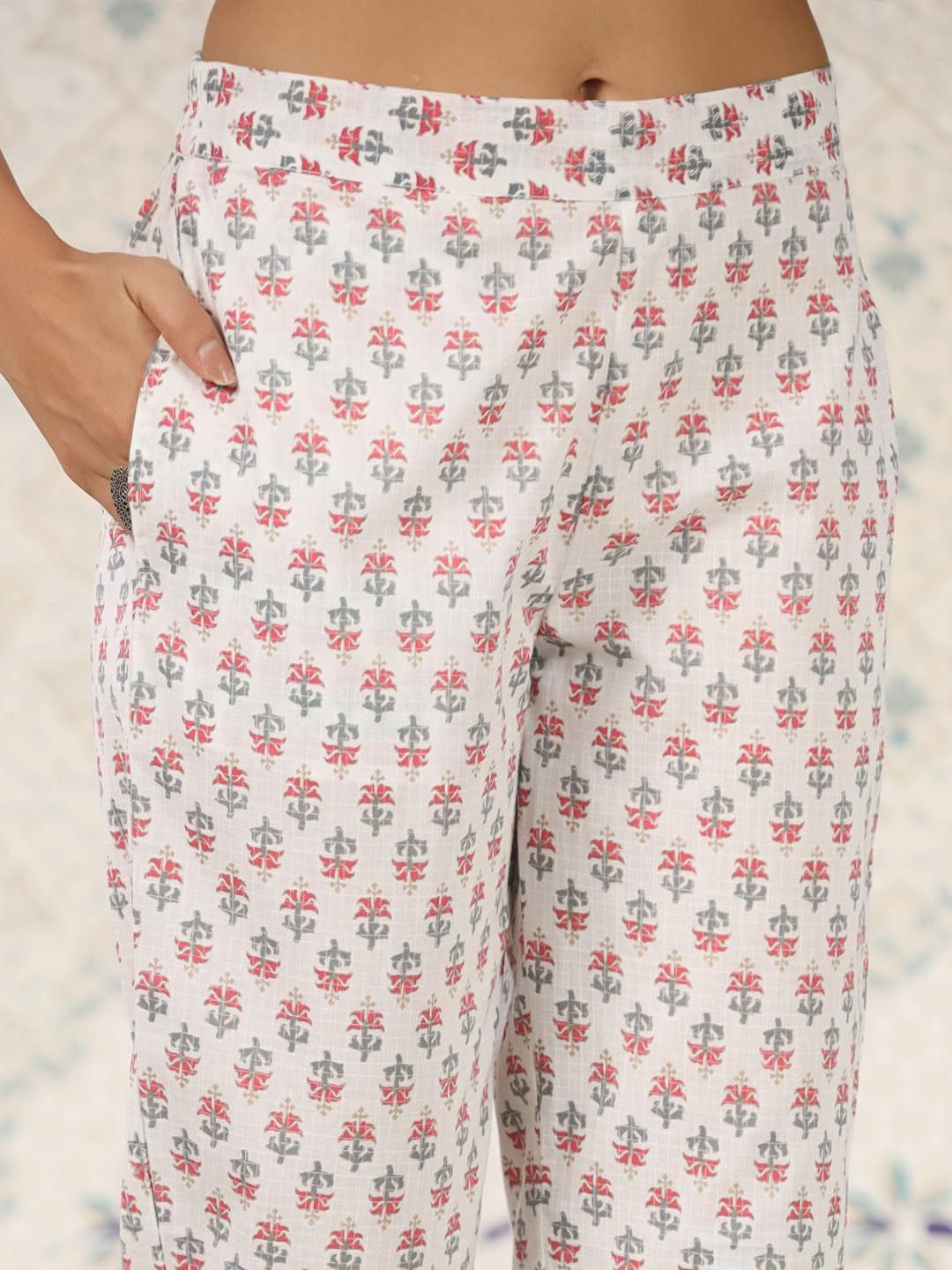 Dhiyona OD  Ethnic Motifs Printed Band Collar Pure Cotton Kurta with Trousers