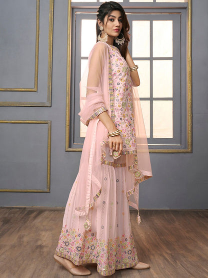 Dhiyona IN V-Neck Floral Embroidered Sequinned Detailed Kurta & Sharara With Dupatta