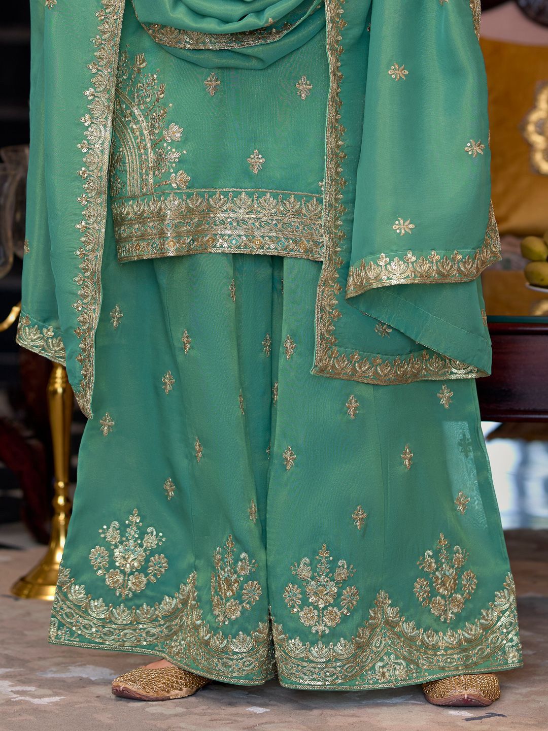 Dhiyona IE Ethnic Motifs Embroidered Sequinned Straight Kurta Palazzos With Dupatta