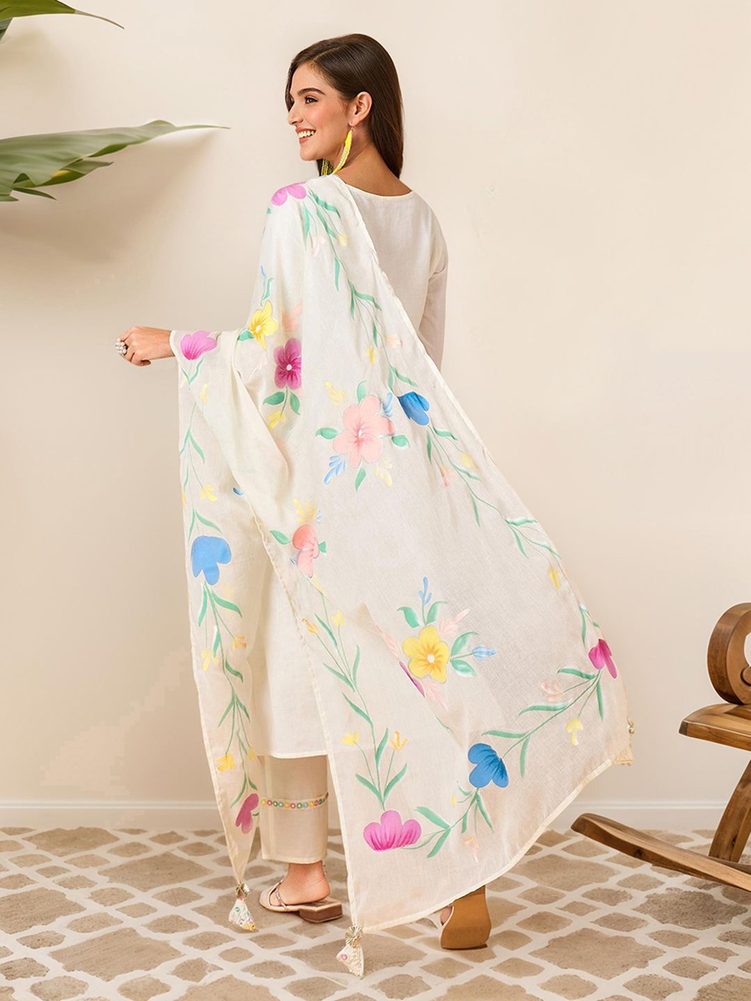 Dhiyona IS Women's Floral Embroidered Mirror Work Pure Cotton Kurta with Trousers & Dupatta