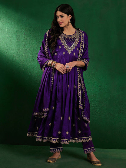 Embroidered Zardosi Zari Sequined Silk Blend A-Line Kurta With Pant & Dupatta
