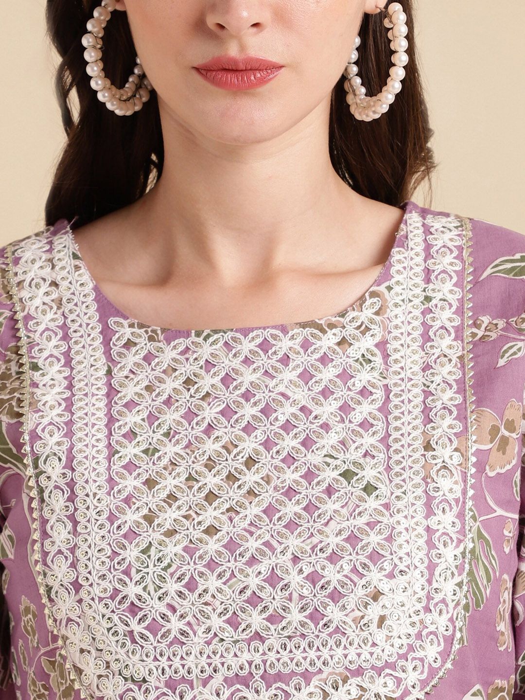 Dhiyona KL Purple Floral Printed Thread Work Pure Cotton Kurta with Trousers & Dupatta
