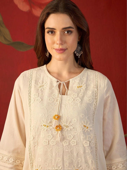 Cream schiffli embroidered cotton tunic and pants