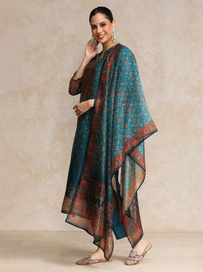 Teal Women Printed Regular Chanderi Silk Kurta with Trousers & With Dupatta