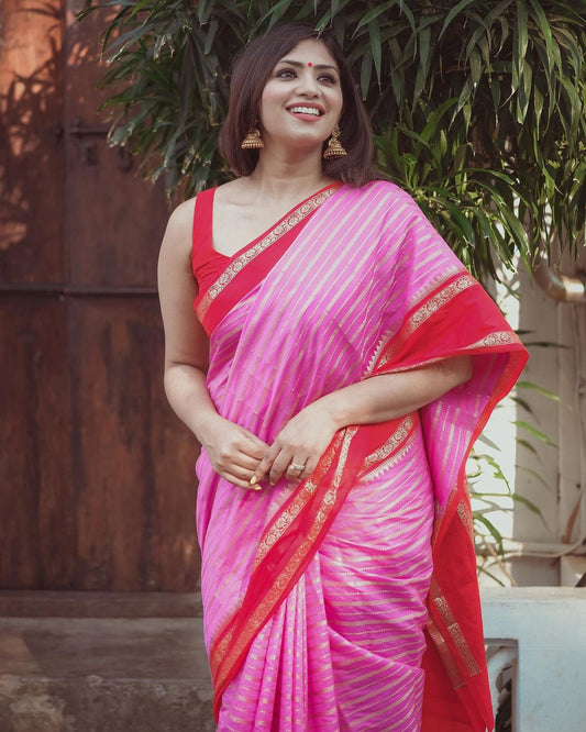 Dhiyona HH Baby Pink with Red Banarasi Soft Katan Georgette Saree | Soft & Versatile