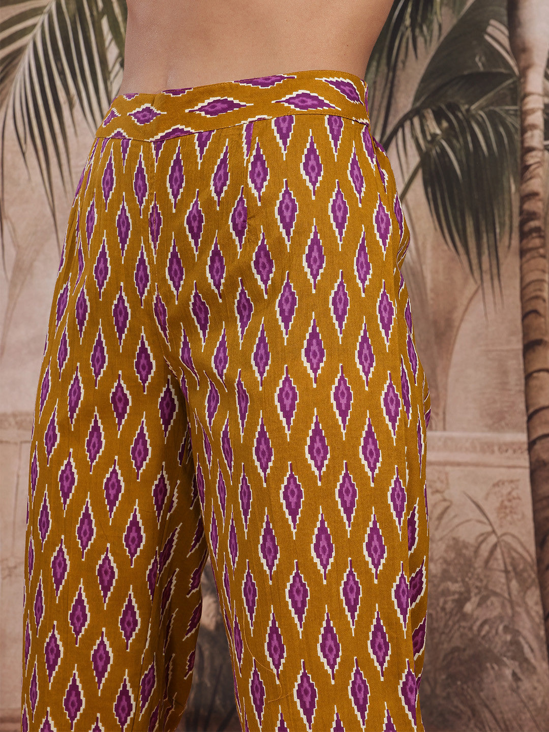 Ikat Printed Empire Style Pure Cotton Straight Kurta with Trousers