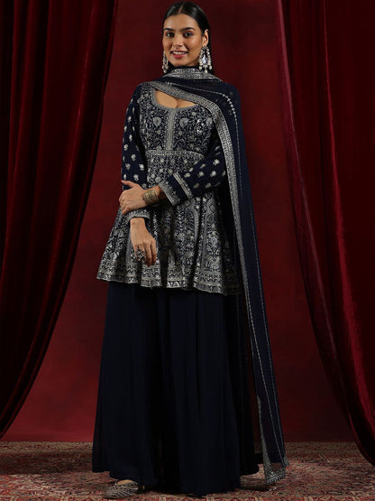 Dhiyona LL Womens Blue Embroidered Georgette Anarkali Kurta With Palazzos & Dupatta