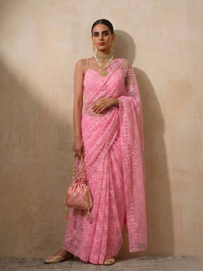 Dhiyona ST Blush Pink Stripe Lace Saree with Sequin and Blouse Fabric