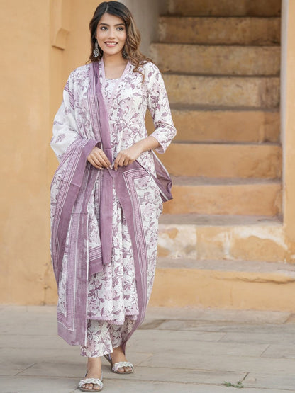 Dhiyona KL V-Neck Floral Printed Regular Thread Work Pure Cotton Kurta Set