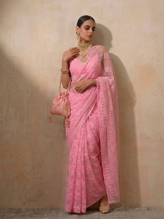 Dhiyona ST Blush Pink Stripe Lace Saree with Sequin and Blouse Fabric