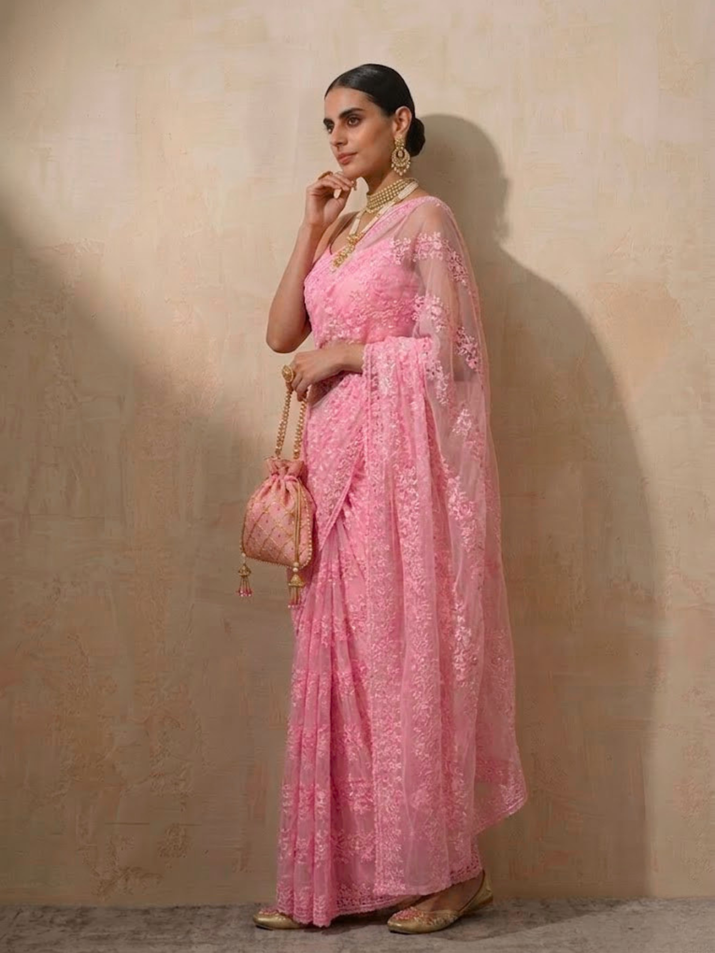 Dhiyona ST Blush Pink Stripe Lace Saree with Sequin and Blouse Fabric