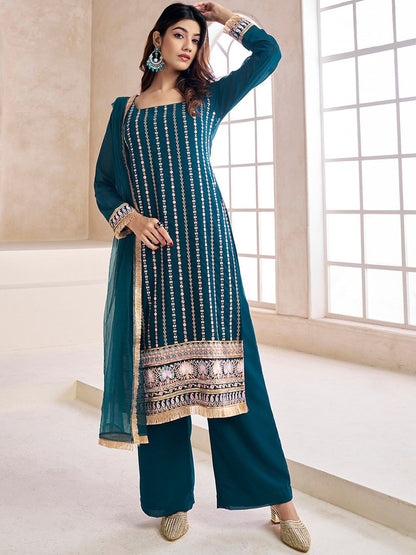 Dhiyona IN Teal Striped Embroidered Beads & Stones Straight Kurta & Palazzos With Dupatta