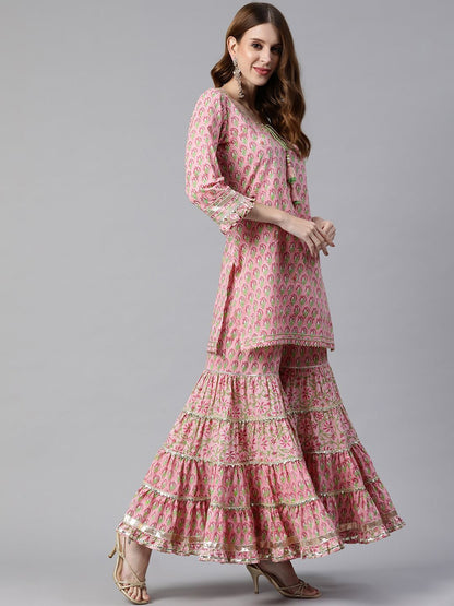 Dhiyona KL Ethnic Motifs Printed Gotta Patti Pure Cotton Straight Kurta & Sharara With Dupatta