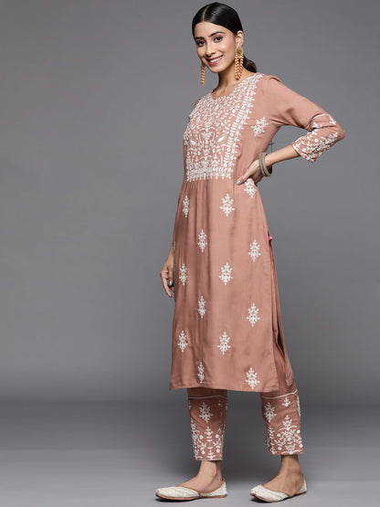 Dhiyona VA Women's Beige Thread Embroidered Pure Cotton Kurta with Trouser and Dupatta