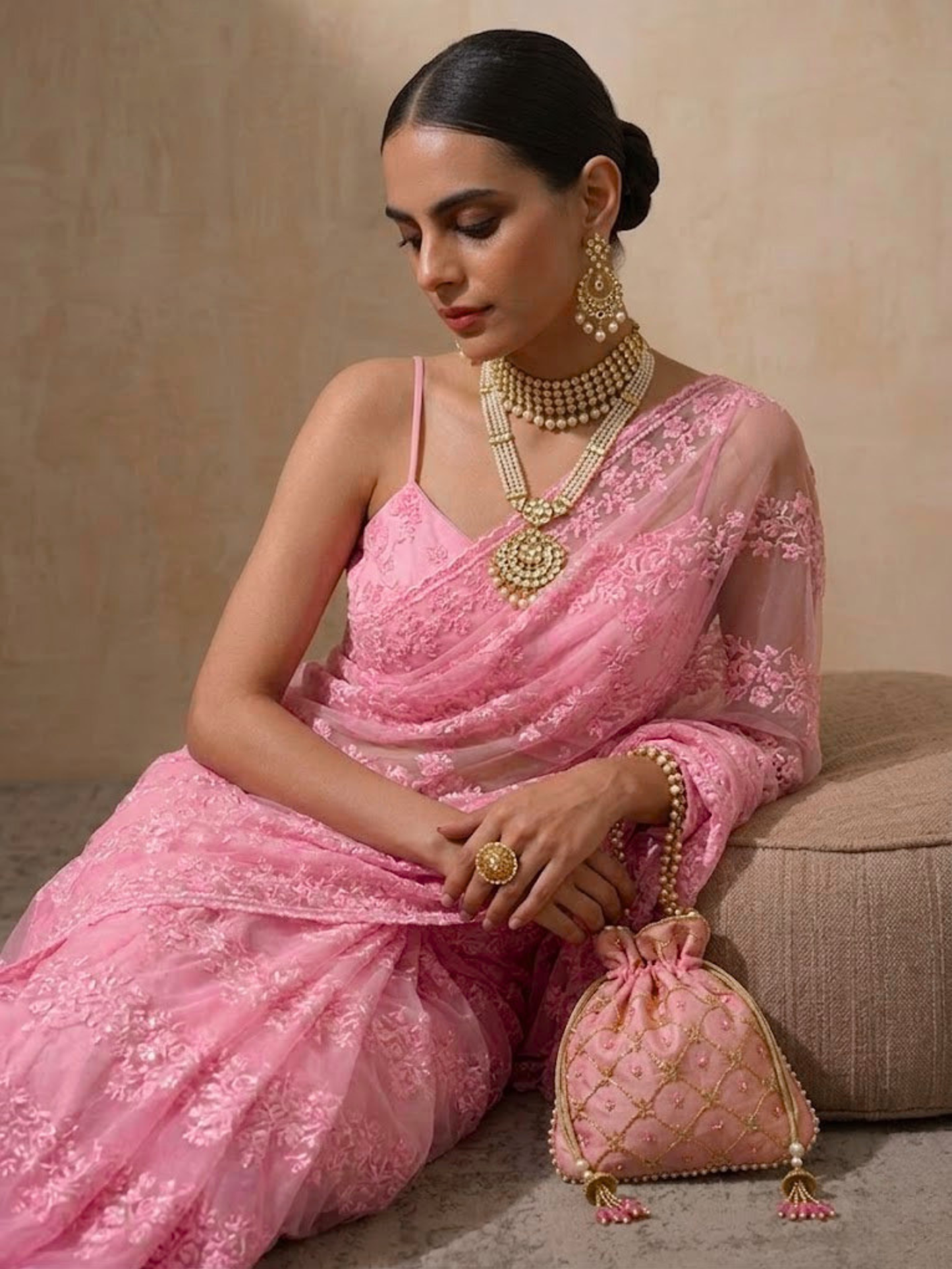 Dhiyona ST Blush Pink Stripe Lace Saree with Sequin and Blouse Fabric
