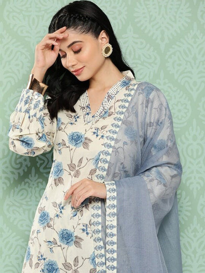 Dhiyona KL Floral Printed Regular Kantha Work Pure Cotton Kurta with Patiala & Dupatta