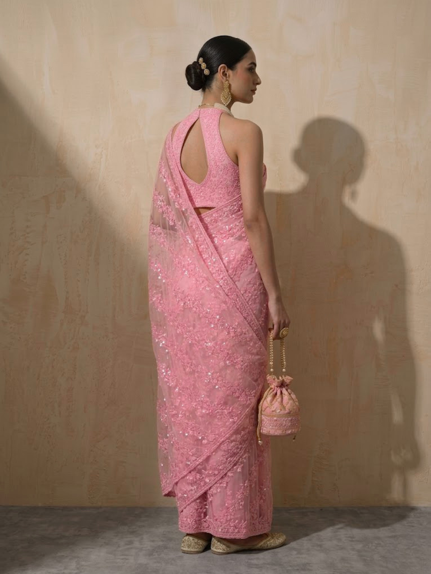 Dhiyona ST Blush Pink Stripe Lace Saree with Sequin and Blouse Fabric