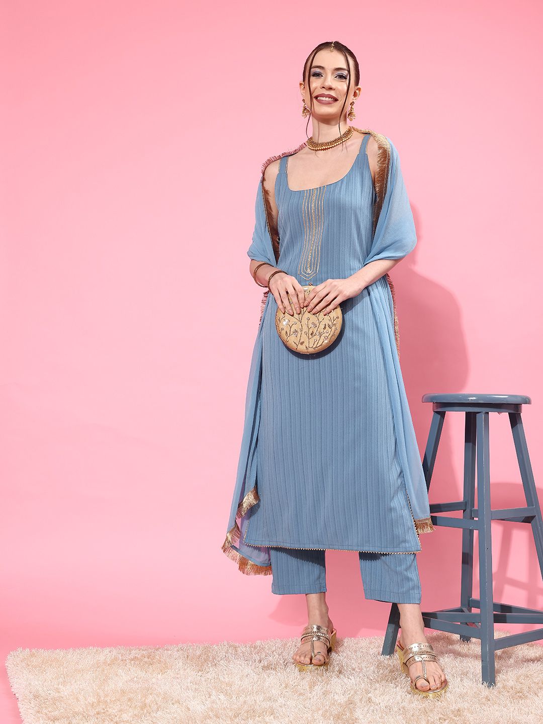 Blue Blue Sleeveless Kurta with Trouser and Dupatta