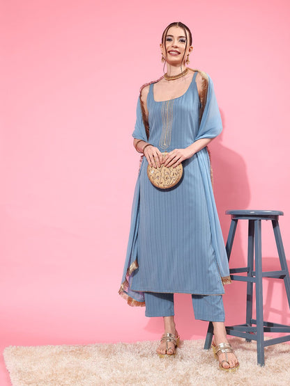 Blue Blue Sleeveless Kurta with Trouser and Dupatta