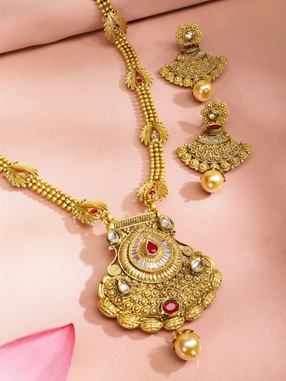 Dhiyona RJ Women's 22K Gold-Plated Ruby Kundan Studded Temple Necklace Set with Pearl Drops