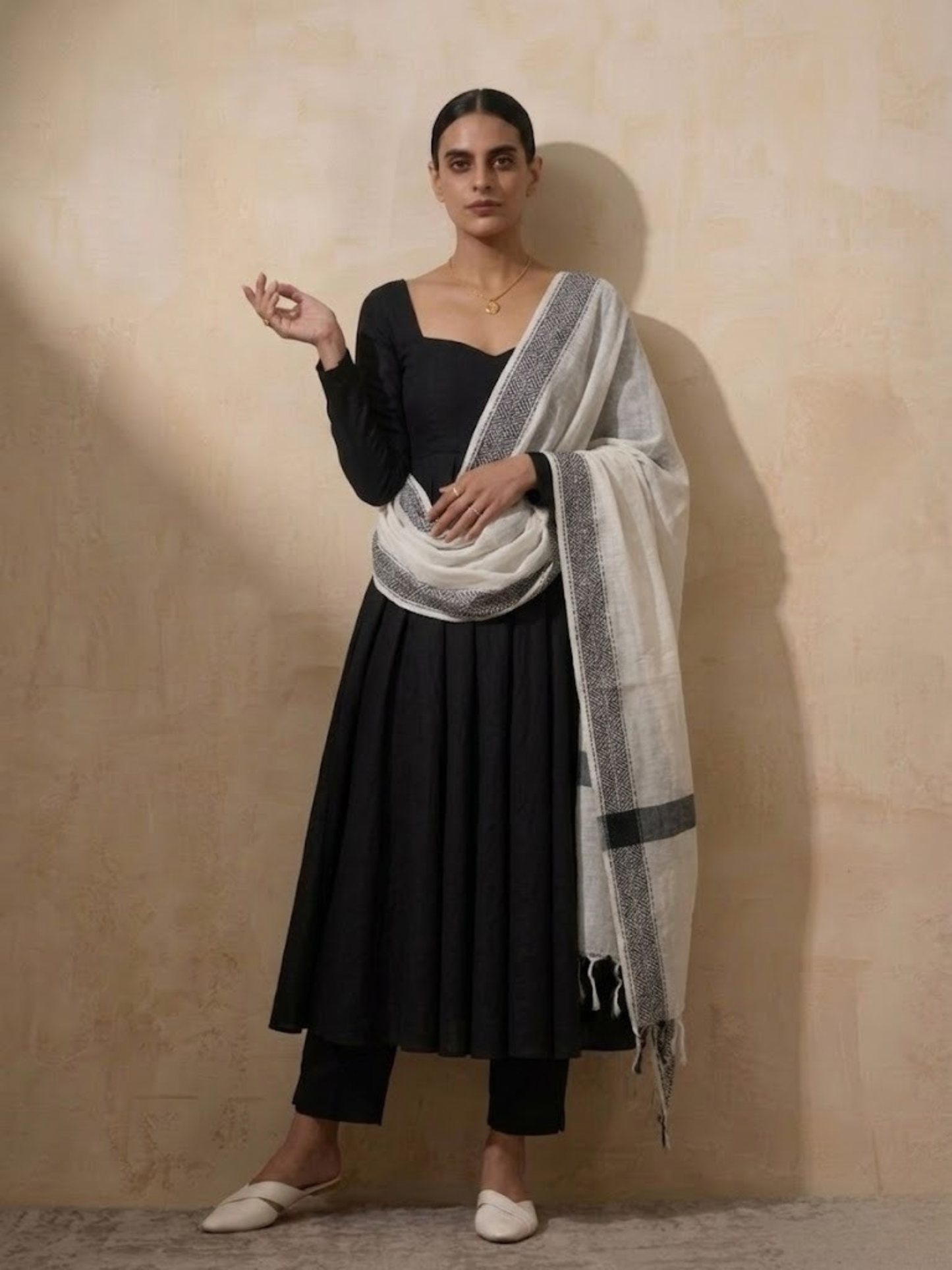 Dhiyona ST 3 Pc Set - Black Cotton Anarkali with Woven Cream Black Dupatta