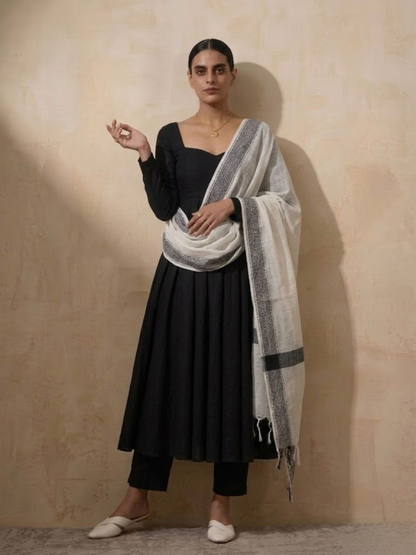 Dhiyona ST 3 Pc Set - Black Cotton Anarkali with Woven Cream Black Dupatta