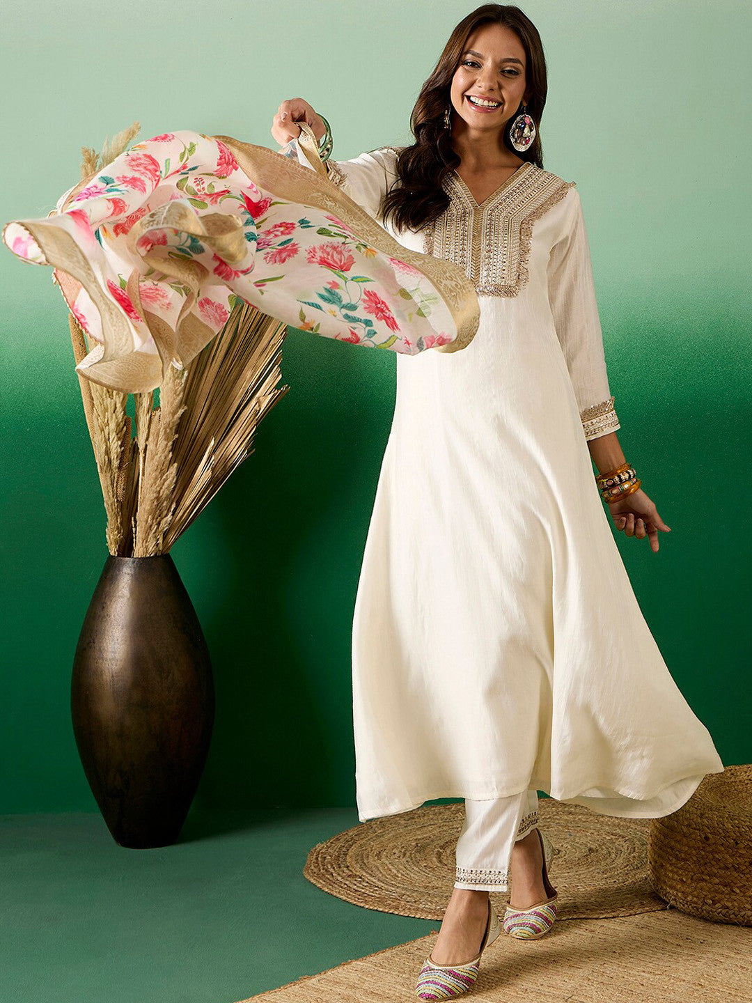 Off White Floral Embroidered Zari Sequence A-Line Kurta With Trouser & Dupatta