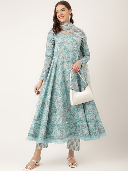 Dhiyona KL Floral Printed Pure Cotton Anarkali Kurta With Trousers & Dupatta