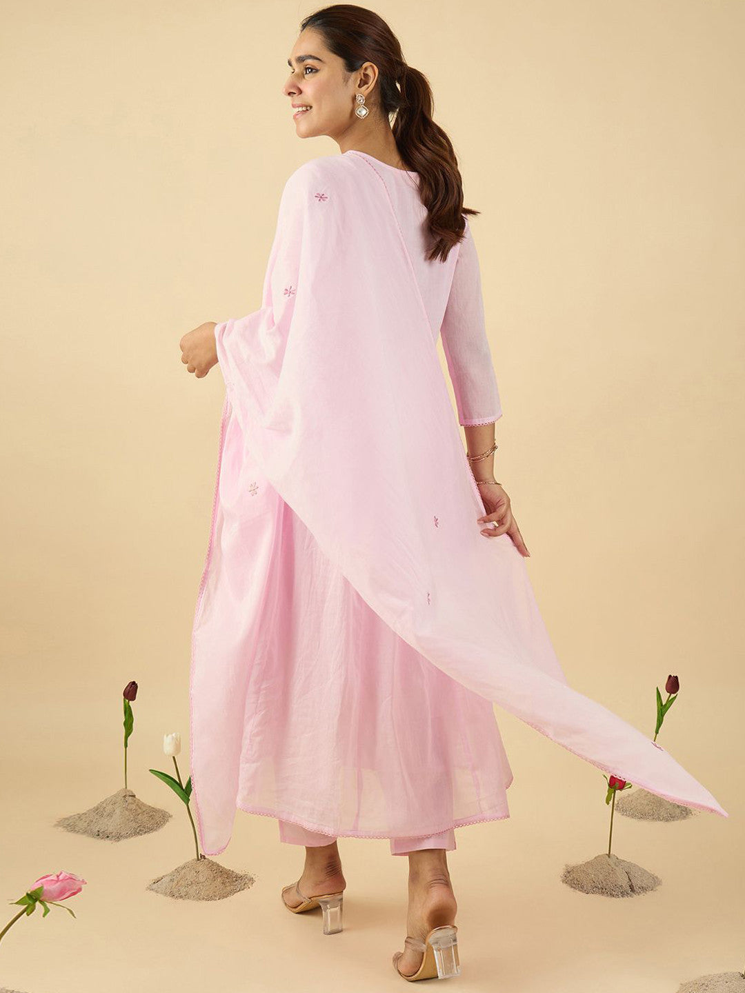 Floral Embroidered V Neck A Line Pure Cotton Kurta With Trousers & Dupatta