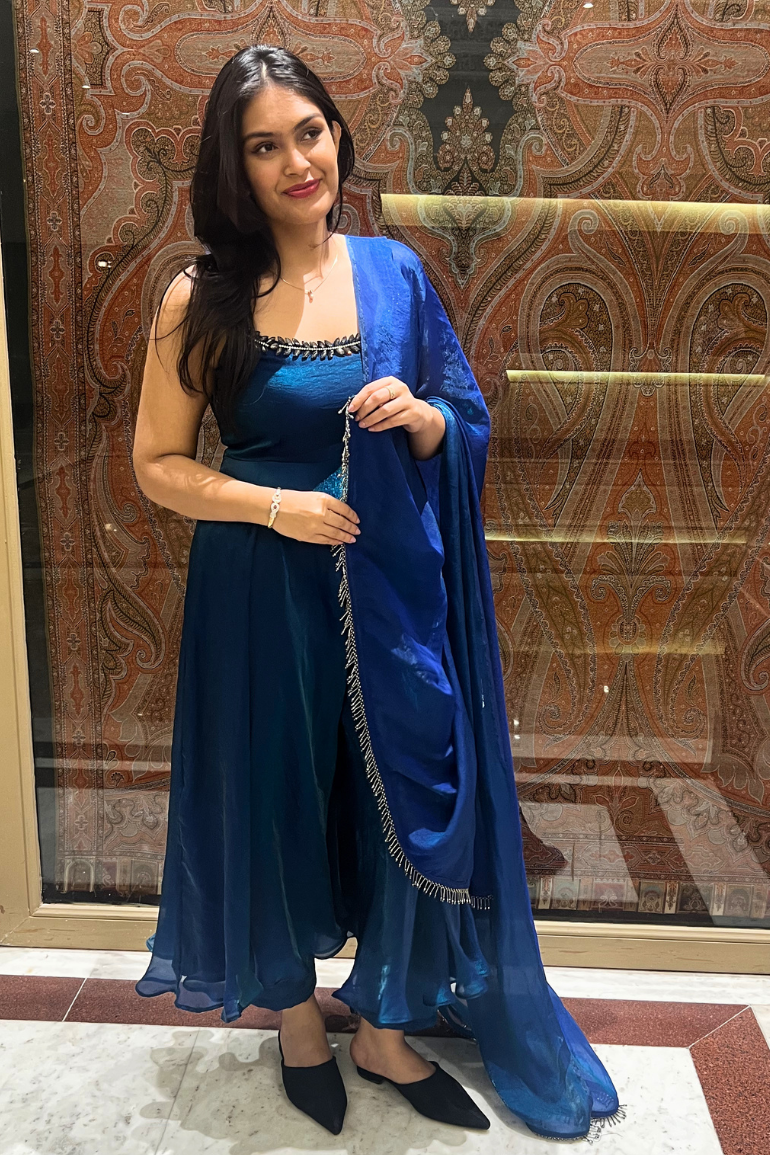 Dhiyona ST 3 Pc Set -  Peacock Satin Sleeveless Anarkali Suit with Black Glass Beads Neckline with Pants and Dupatta