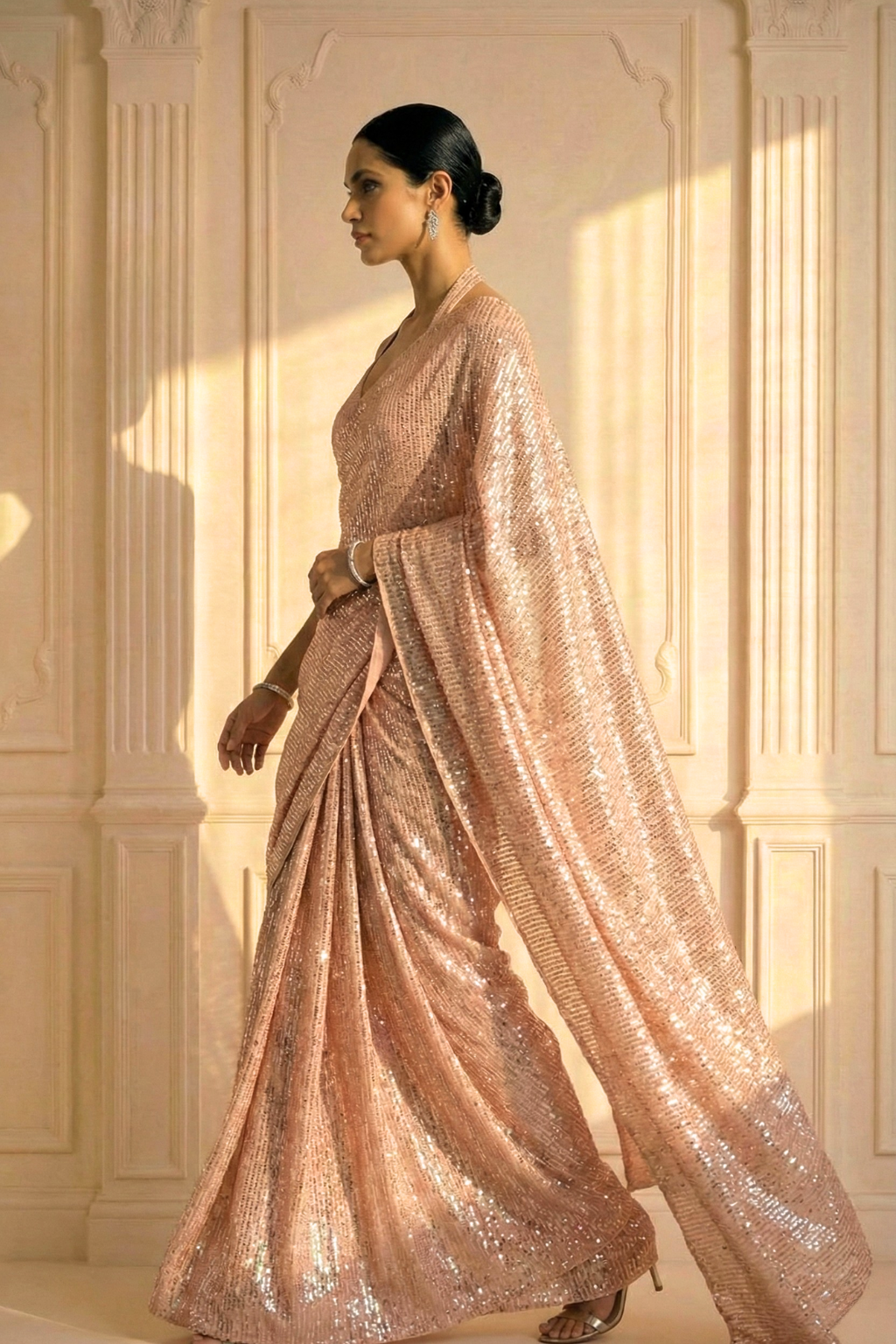 Dhiyona ST Bisque Cream Knitted Sequin Saree with Blouse Fabric