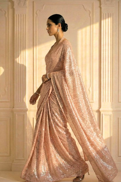 Dhiyona ST Bisque Cream Knitted Sequin Saree with Blouse Fabric